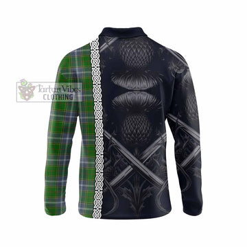 Pringle Tartan Long Sleeve Polo Shirt with Family Crest Cross Sword Thistle Celtic Vibes