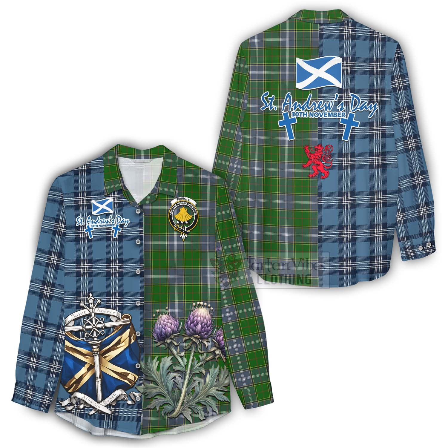 Tartan Vibes Clothing Pringle Tartan Women's Casual Shirt Happy St. Andrew's Day Half Tartan Style