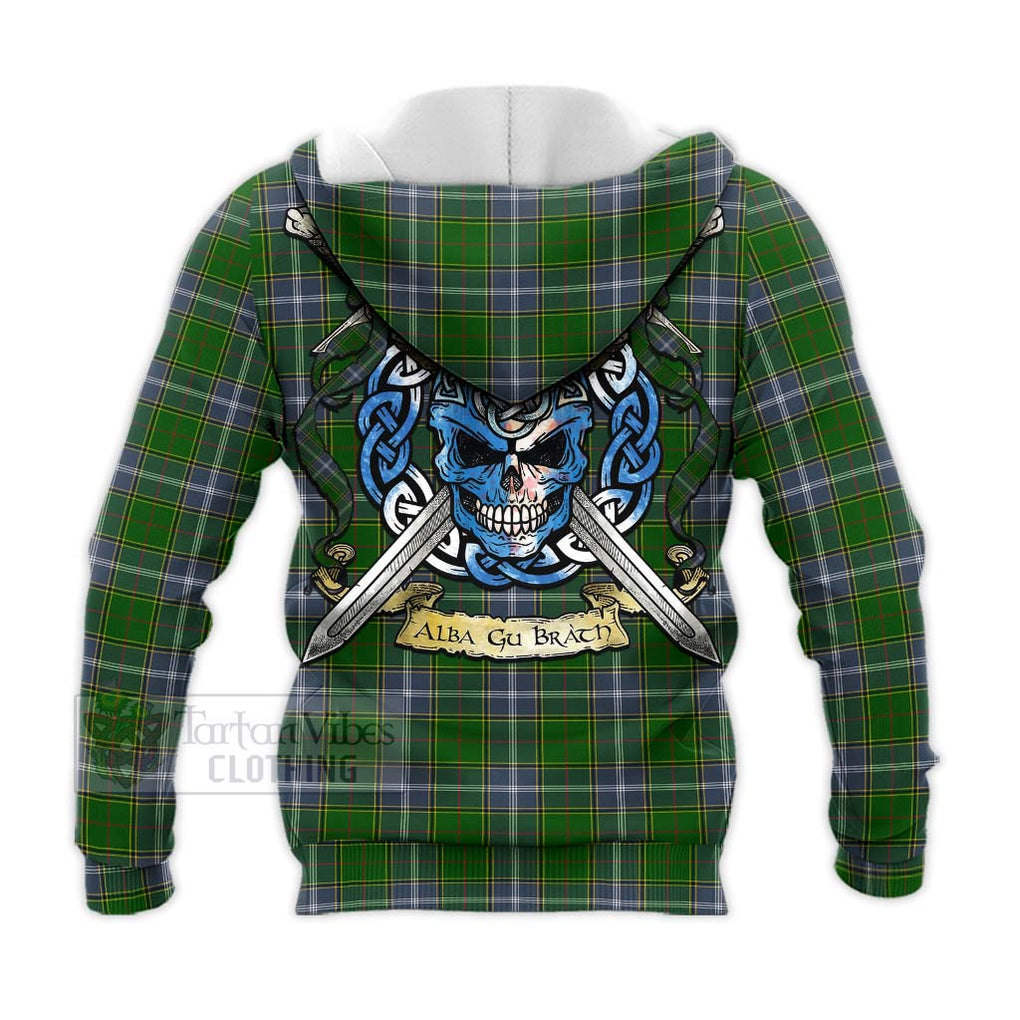 Tartan Vibes Clothing Pringle Tartan Knitted Hoodie with Family Crest Celtic Skull Style