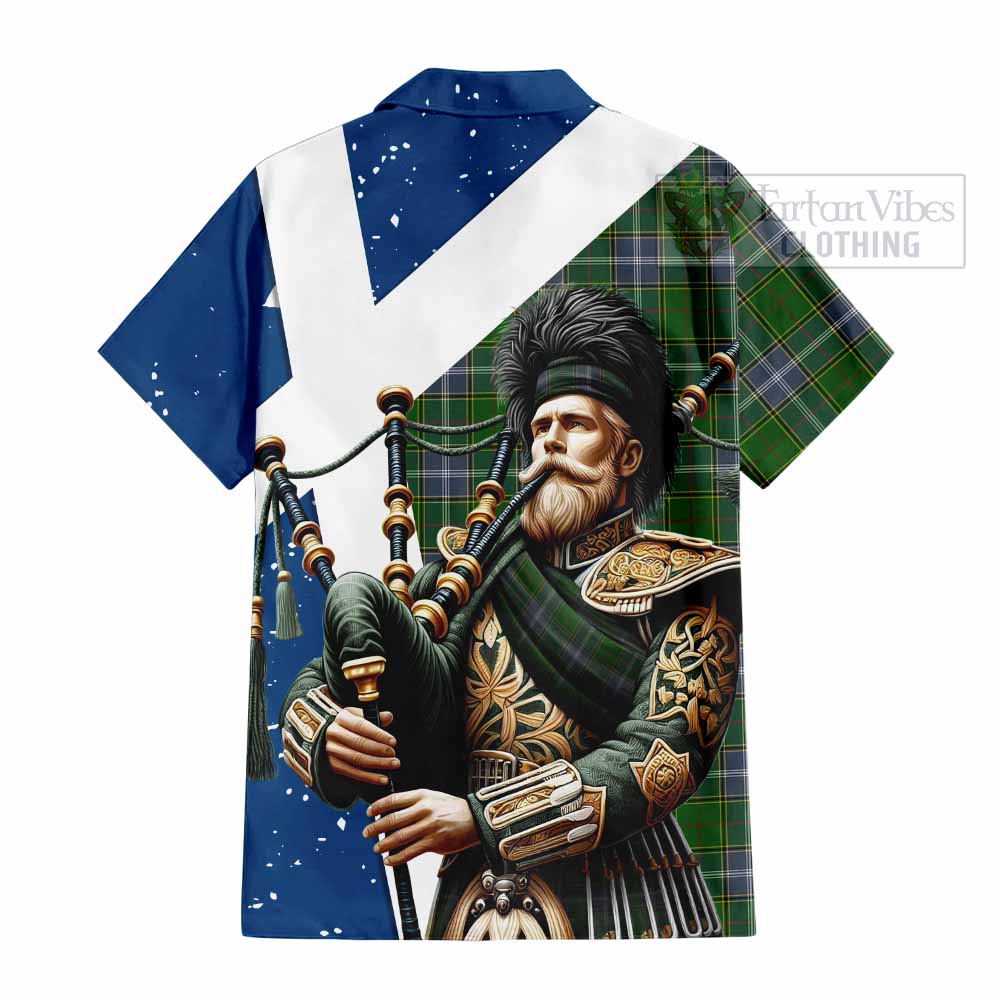 Tartan Vibes Clothing Pringle Tartan Short Sleeve Button Shirt with Family Crest Scottish Bagpiper Vibes