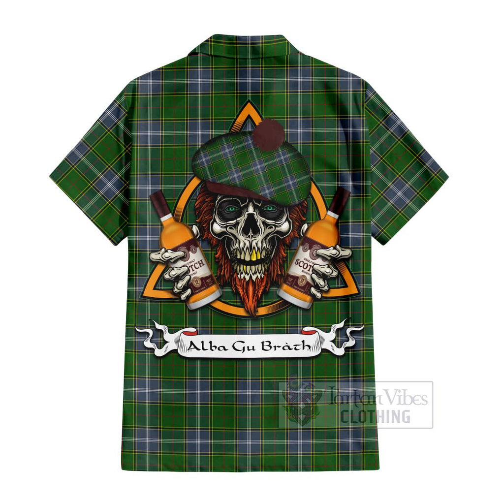 Tartan Vibes Clothing Pringle Tartan Short Sleeve Button Shirt with Family Crest and Bearded Skull Holding Bottles of Whiskey