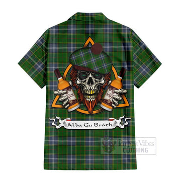 Pringle Tartan Short Sleeve Button Shirt with Family Crest and Bearded Skull Holding Bottles of Whiskey