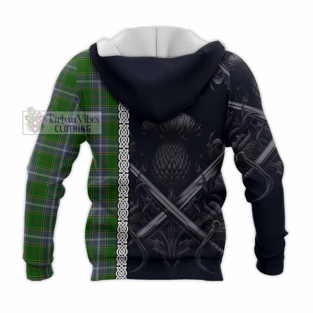 Tartan Vibes Clothing Pringle Tartan Knitted Hoodie with Family Crest Cross Sword Thistle Celtic Vibes