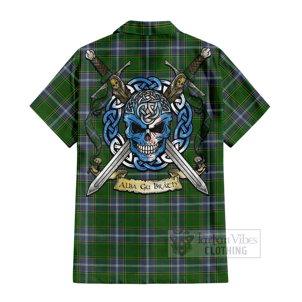 Tartan Vibes Clothing Pringle Tartan Short Sleeve Button Shirt with Family Crest Celtic Skull Style