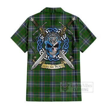 Pringle Tartan Short Sleeve Button Shirt with Family Crest Celtic Skull Style