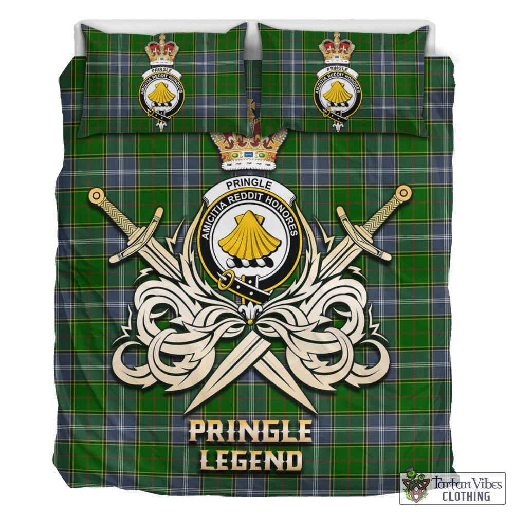 Tartan Vibes Clothing Pringle Tartan Bedding Set with Clan Crest and the Golden Sword of Courageous Legacy