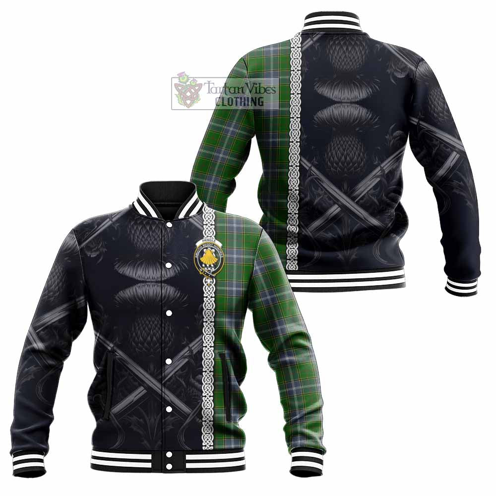 Tartan Vibes Clothing Pringle Tartan Baseball Jacket with Family Crest Cross Sword Thistle Celtic Vibes