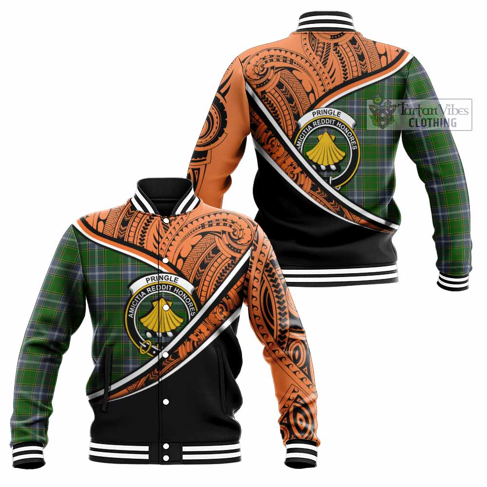 Tartan Vibes Clothing Pringle Crest Tartan Baseball Jacket with Maori Tattoo Style - Orange Version