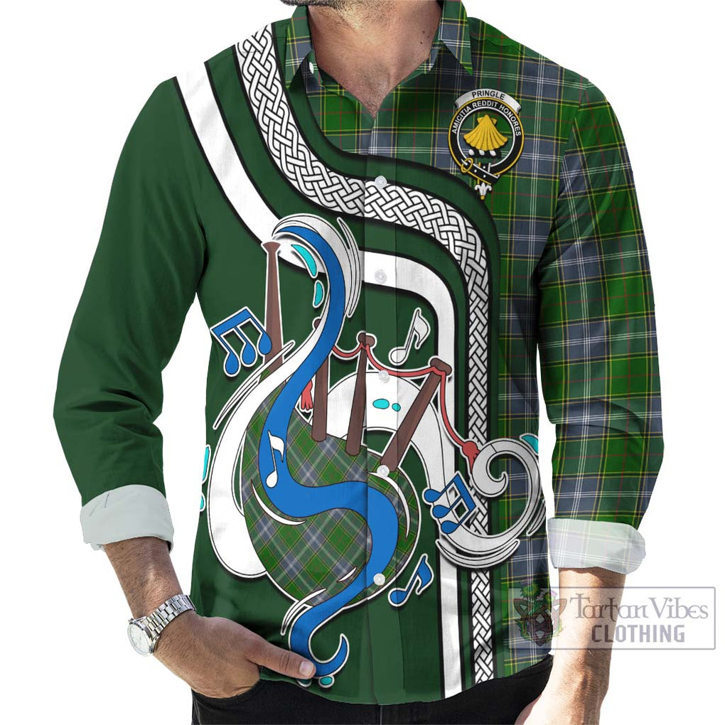 Pringle Tartan Long Sleeve Button Shirt with Epic Bagpipe Style - Tartanvibesclothing Shop