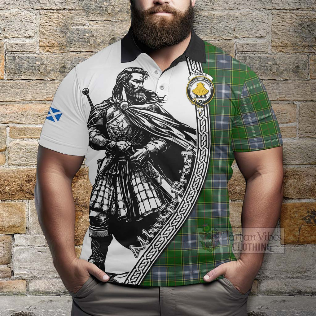 Tartan Vibes Clothing Pringle Tartan Clan Crest Polo Shirt with Highlander Warrior Celtic Style