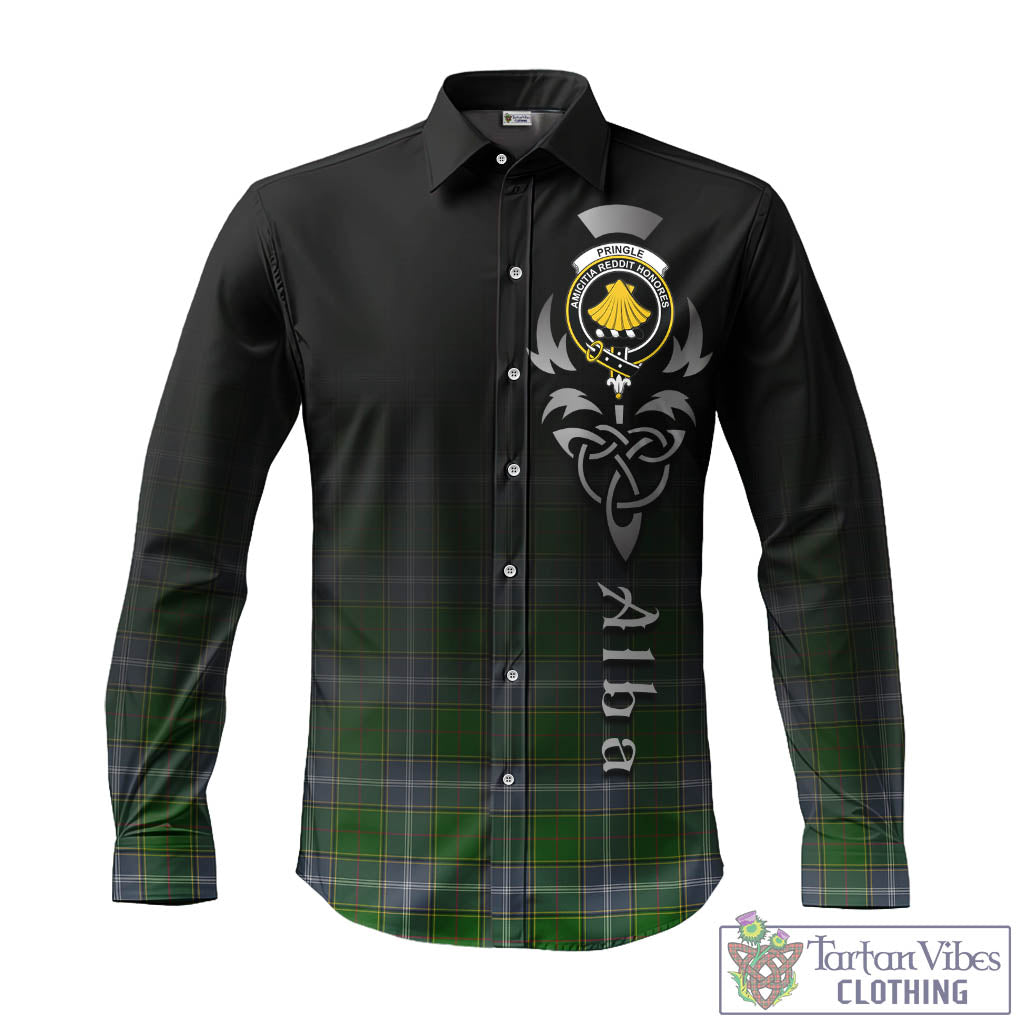 Tartan Vibes Clothing Pringle Tartan Long Sleeve Button Up Featuring Alba Gu Brath Family Crest Celtic Inspired