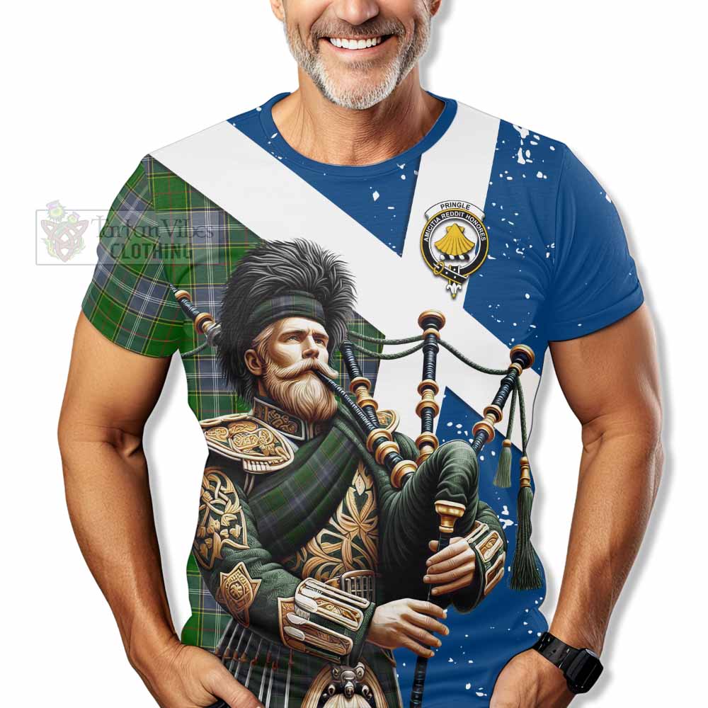 Pringle Tartan T-Shirt with Family Crest Scottish Bagpiper Vibes - Tartan Vibes Clothing