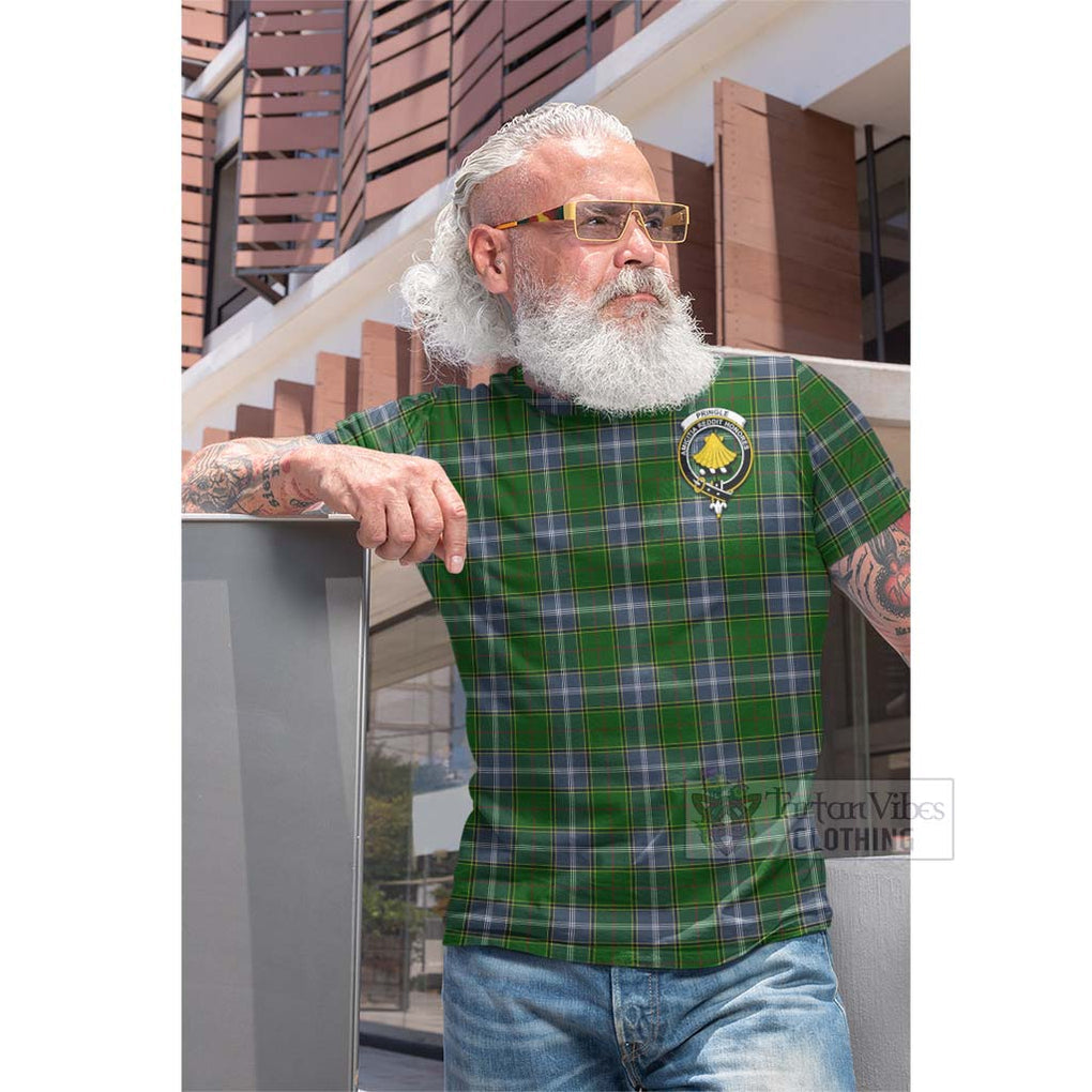 Tartan Vibes Clothing Pringle Tartan Cotton T-shirt with Family Crest and Bearded Skull Holding Bottles of Whiskey