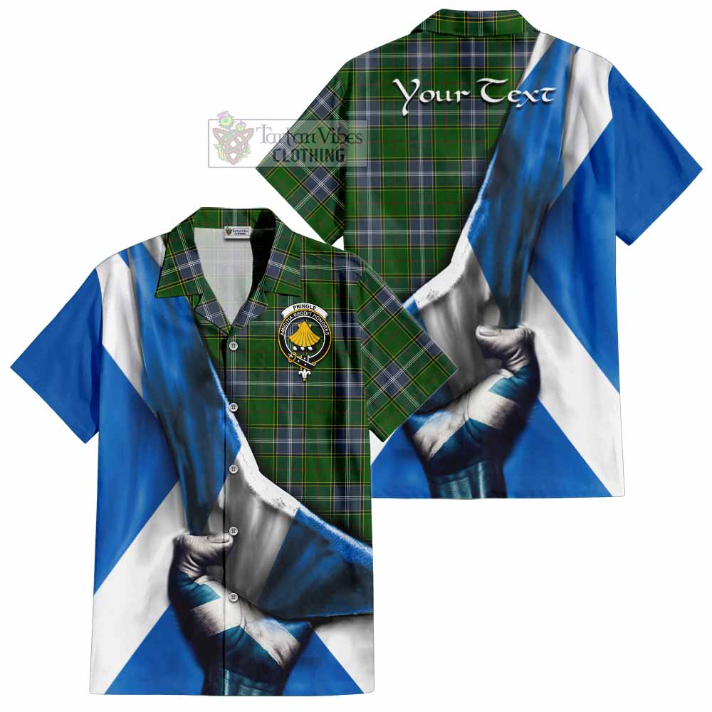 Tartan Vibes Clothing Pringle Tartan Short Sleeve Button Shirt with Family Crest Scotland Patriotic Style