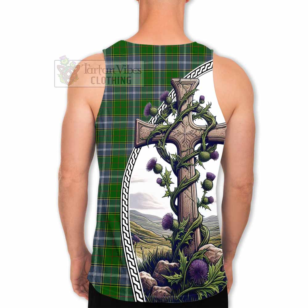 Tartan Vibes Clothing Pringle Tartan Men's Tank Top with Family Crest and St. Andrew's Cross Accented by Thistle Vines