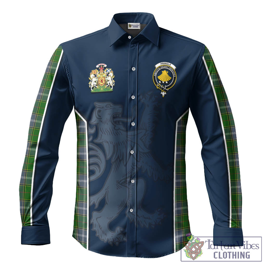 Pringle Tartan Long Sleeve Button Up Shirt with Family Crest and Lion Rampant Vibes Sport Style