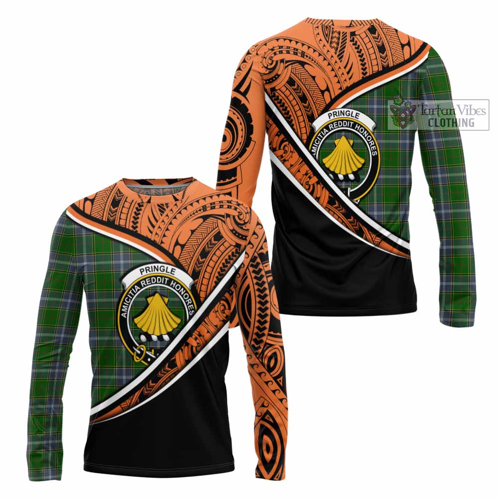 Tartan Vibes Clothing Pringle Crest Tartan Long Sleeve T-Shirt with Maori Tattoo Style - Orange Version