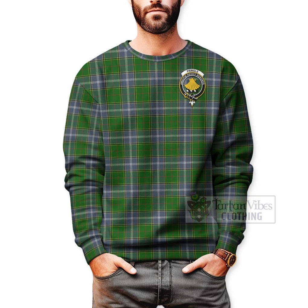 Tartan Vibes Clothing Pringle Tartan Sweatshirt with Family Crest and Bearded Skull Holding Bottles of Whiskey