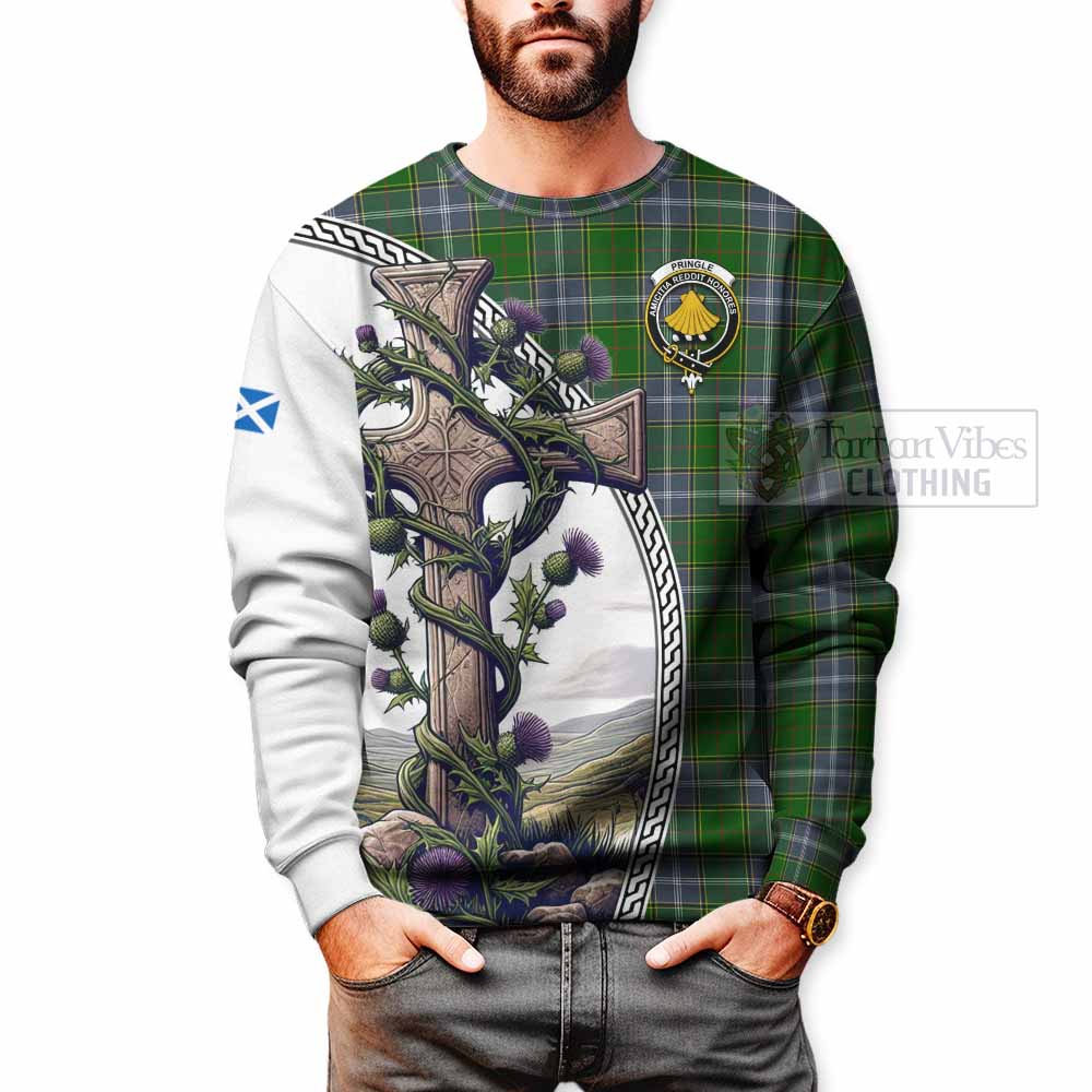 Tartan Vibes Clothing Pringle Tartan Sweatshirt with Family Crest and St. Andrew's Cross Accented by Thistle Vines