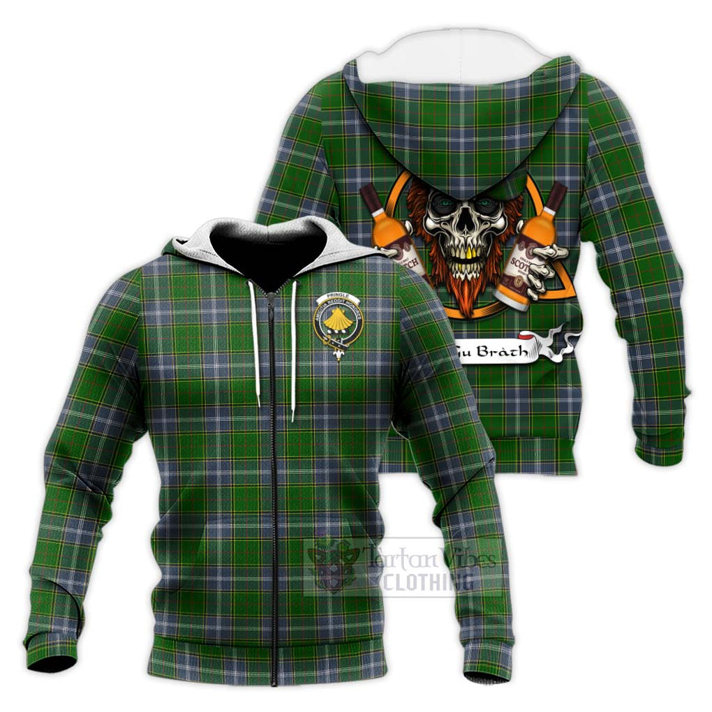 Tartan Vibes Clothing Pringle Tartan Knitted Hoodie with Family Crest and Bearded Skull Holding Bottles of Whiskey