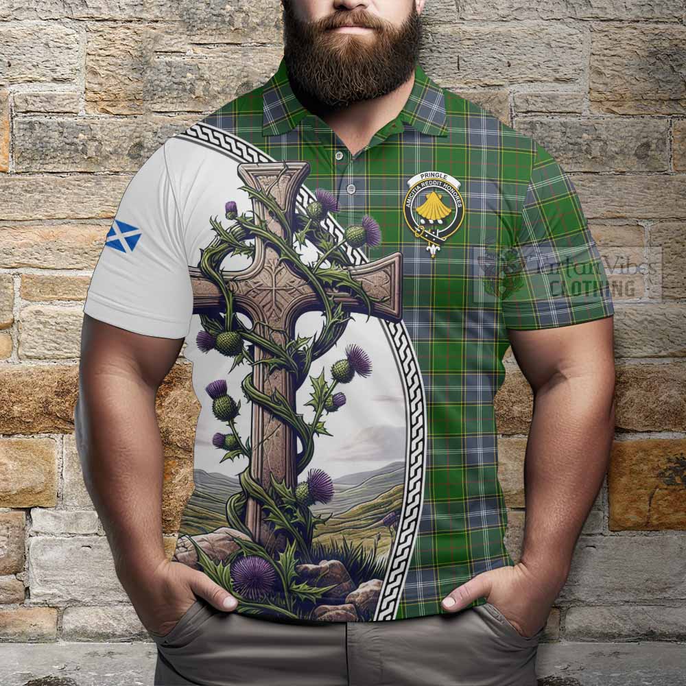 Tartan Vibes Clothing Pringle Tartan Polo Shirt with Family Crest and St. Andrew's Cross Accented by Thistle Vines