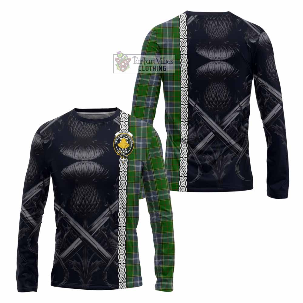 Tartan Vibes Clothing Pringle Tartan Long Sleeve T-Shirt with Family Crest Cross Sword Thistle Celtic Vibes