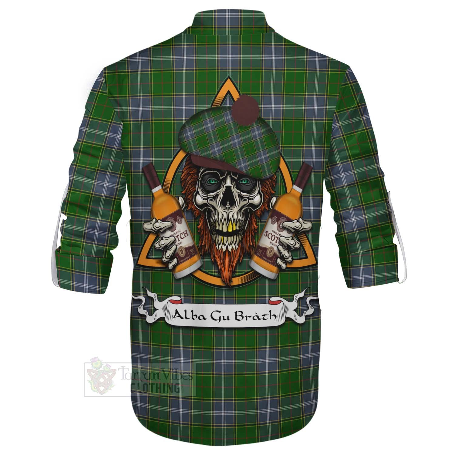 Tartan Vibes Clothing Pringle Tartan Ghillie Kilt Shirt with Family Crest and Bearded Skull Holding Bottles of Whiskey