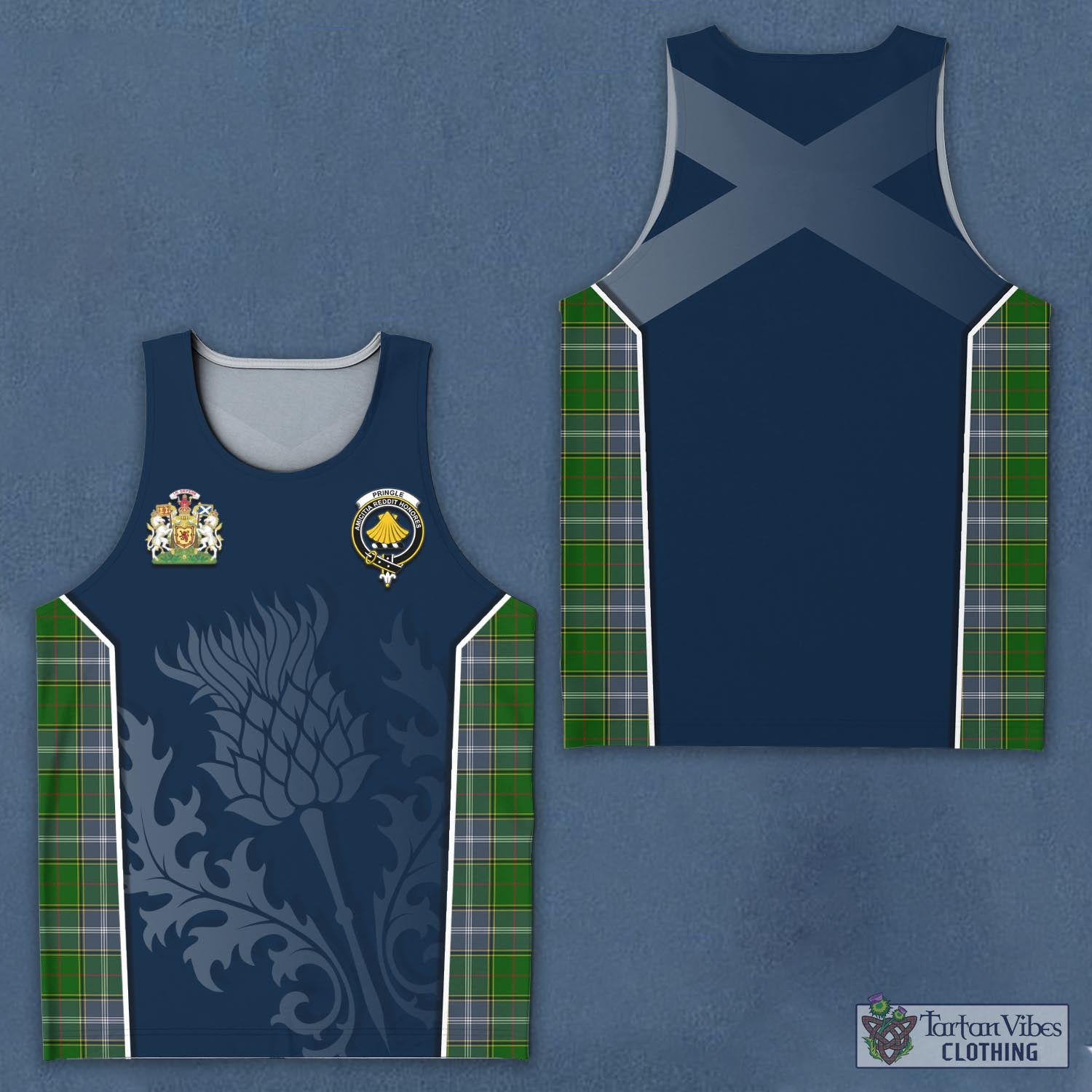 Tartan Vibes Clothing Pringle Tartan Men's Tanks Top with Family Crest and Scottish Thistle Vibes Sport Style