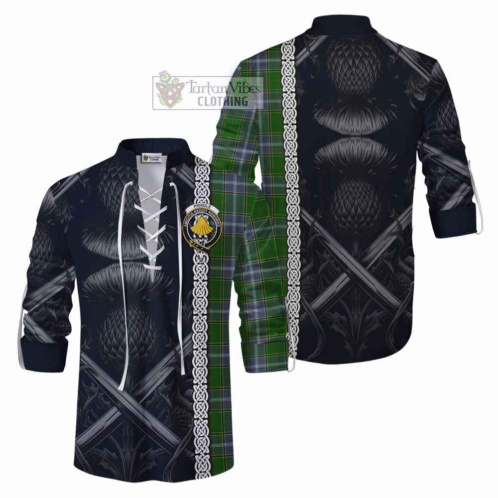 Tartan Vibes Clothing Pringle Tartan Ghillie Kilt Shirt with Family Crest Cross Sword Thistle Celtic Vibes