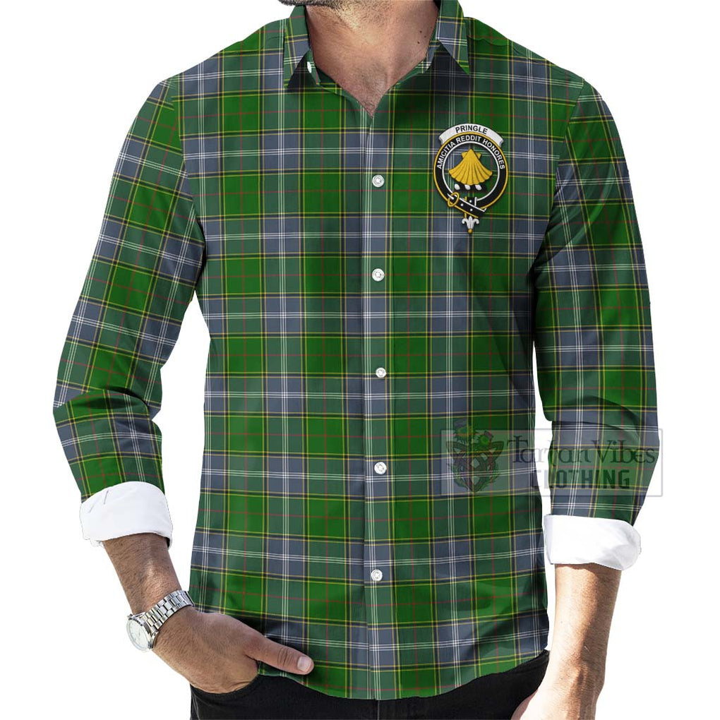 Tartan Vibes Clothing Pringle Tartan Long Sleeve Button Shirt with Family Crest Celtic Skull Style