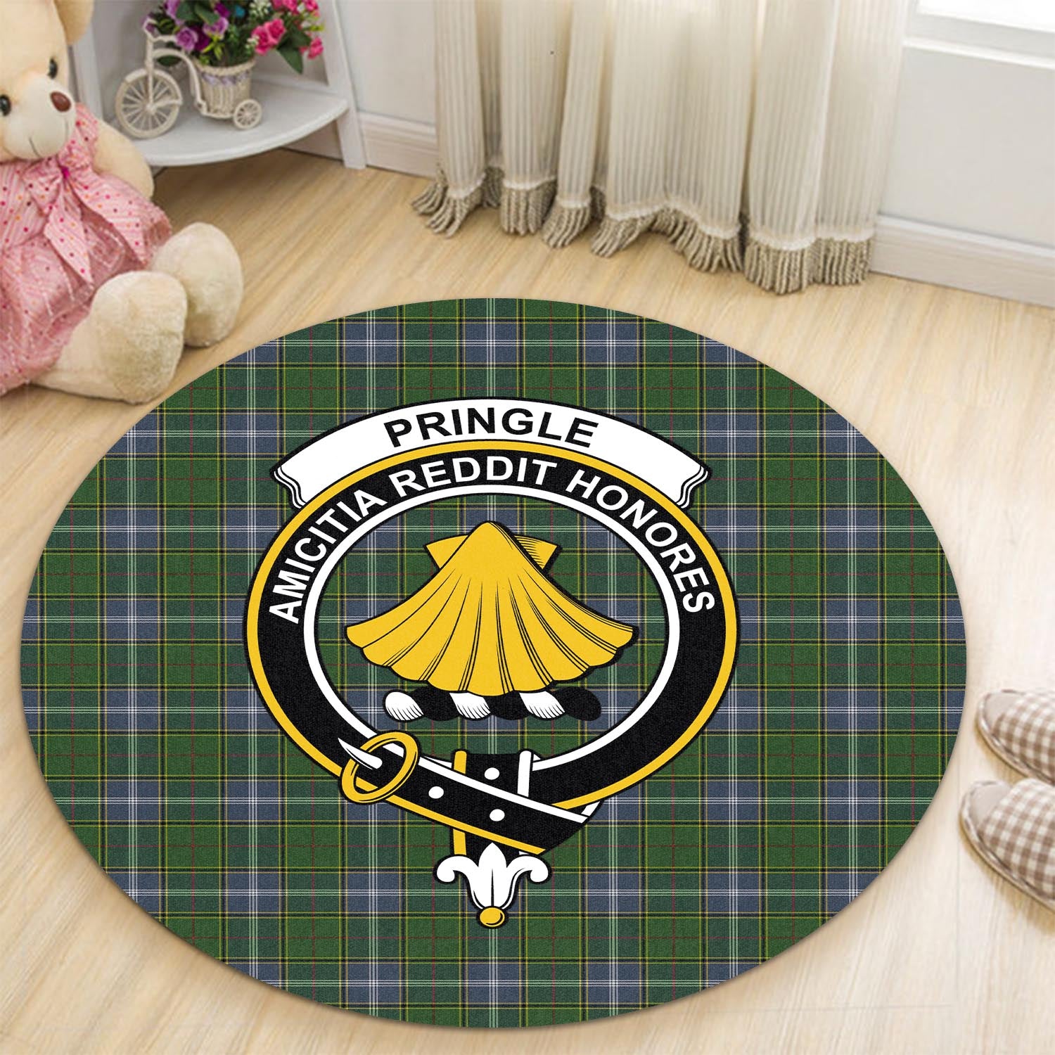 pringle-tartan-round-rug-with-family-crest