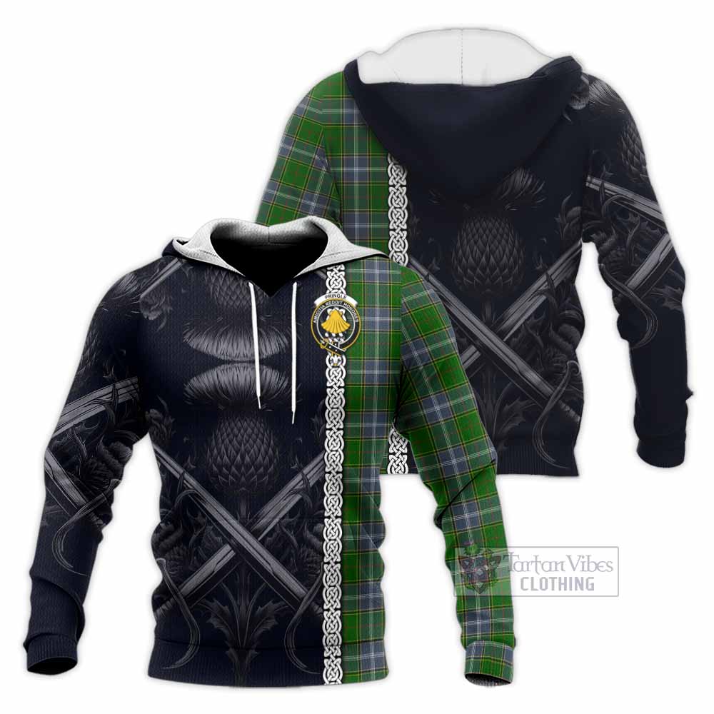 Tartan Vibes Clothing Pringle Tartan Knitted Hoodie with Family Crest Cross Sword Thistle Celtic Vibes