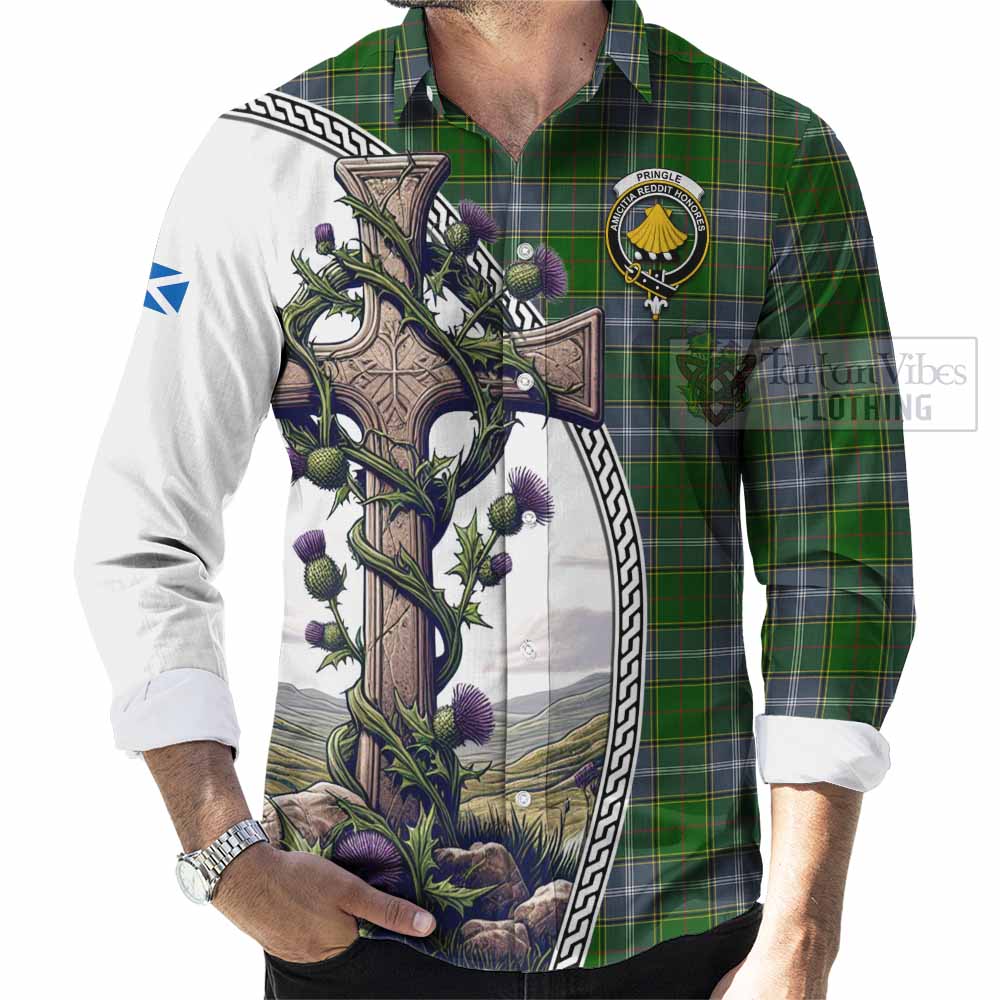 Tartan Vibes Clothing Pringle Tartan Long Sleeve Button Shirt with Family Crest and St. Andrew's Cross Accented by Thistle Vines