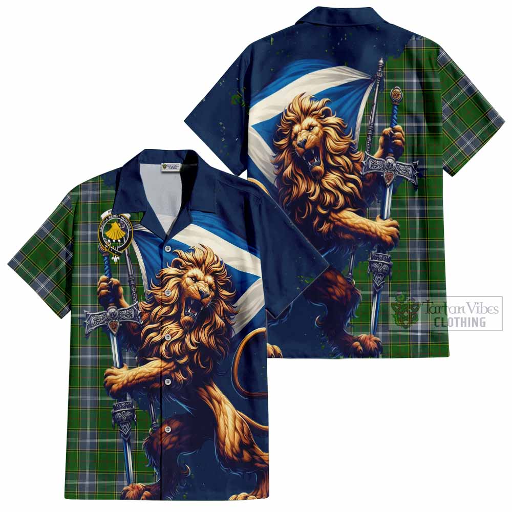 Tartan Vibes Clothing Pringle Tartan Family Crest Short Sleeve Button Shirt with Scottish Majestic Lion