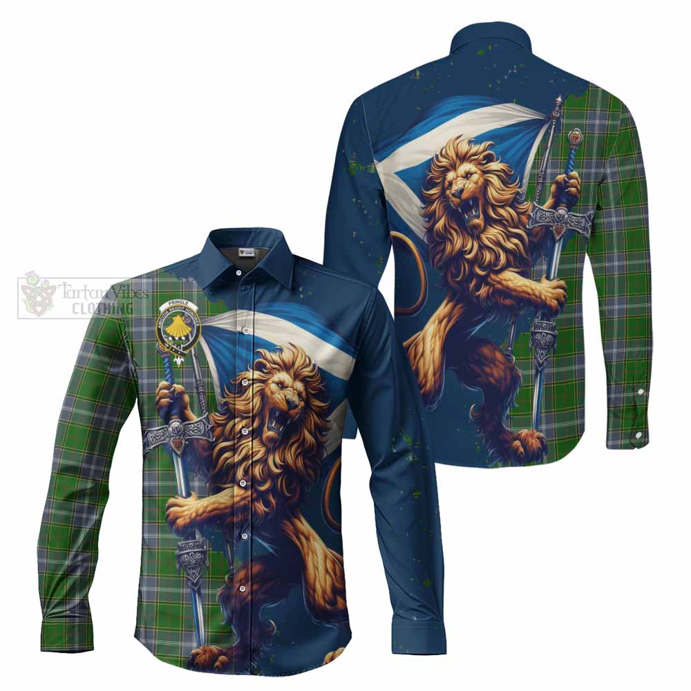 Tartan Vibes Clothing Pringle Tartan Family Crest Long Sleeve Button Shirt with Scottish Majestic Lion