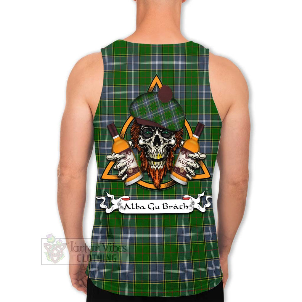 Tartan Vibes Clothing Pringle Tartan Men's Tank Top with Family Crest and Bearded Skull Holding Bottles of Whiskey