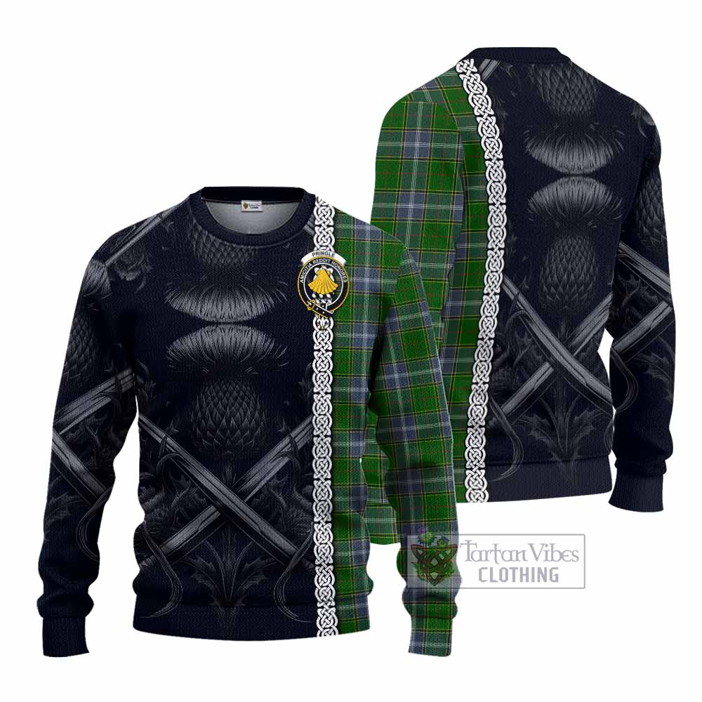 Tartan Vibes Clothing Pringle Tartan Knitted Sweater with Family Crest Cross Sword Thistle Celtic Vibes