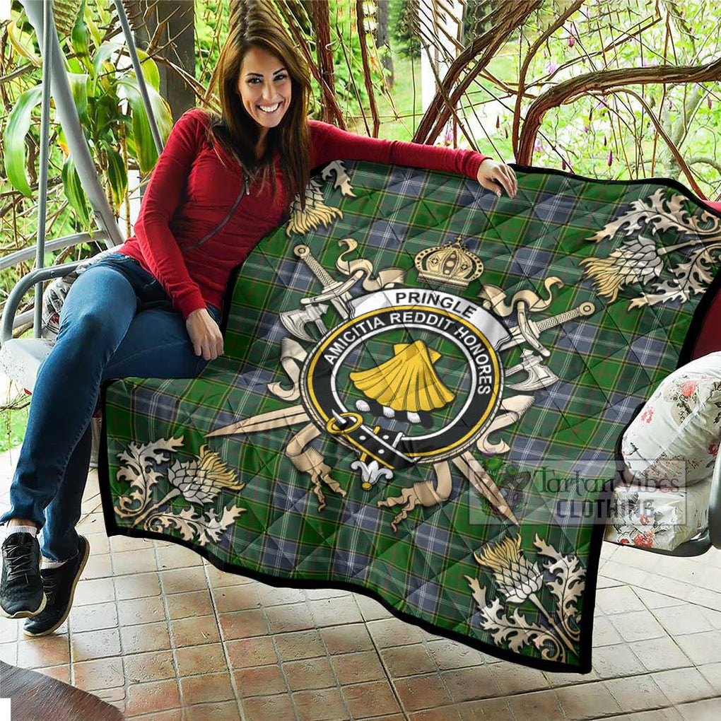 Tartan Vibes Clothing Pringle Tartan Quilt with Family Crest and Scottish Golden Courage Shield