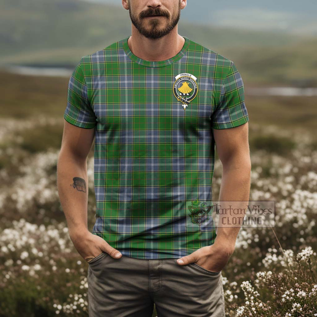 Tartan Vibes Clothing Pringle Tartan T-Shirt with Family Crest and Bearded Skull Holding Bottles of Whiskey