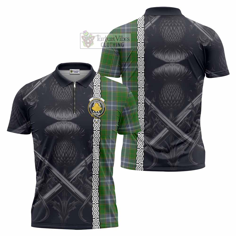 Tartan Vibes Clothing Pringle Tartan Zipper Polo Shirt with Family Crest Cross Sword Thistle Celtic Vibes