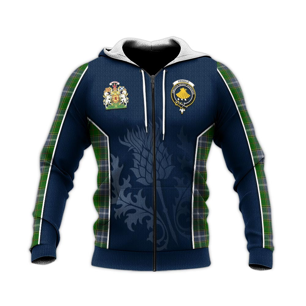 Tartan Vibes Clothing Pringle Tartan Knitted Hoodie with Family Crest and Scottish Thistle Vibes Sport Style