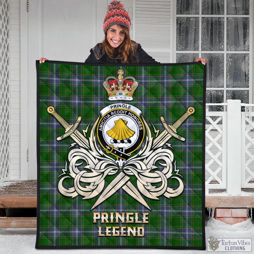 Tartan Vibes Clothing Pringle Tartan Quilt with Clan Crest and the Golden Sword of Courageous Legacy