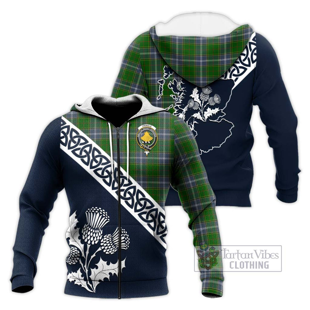 Tartan Vibes Clothing Pringle Tartan Knitted Hoodie Featuring Thistle and Scotland Map