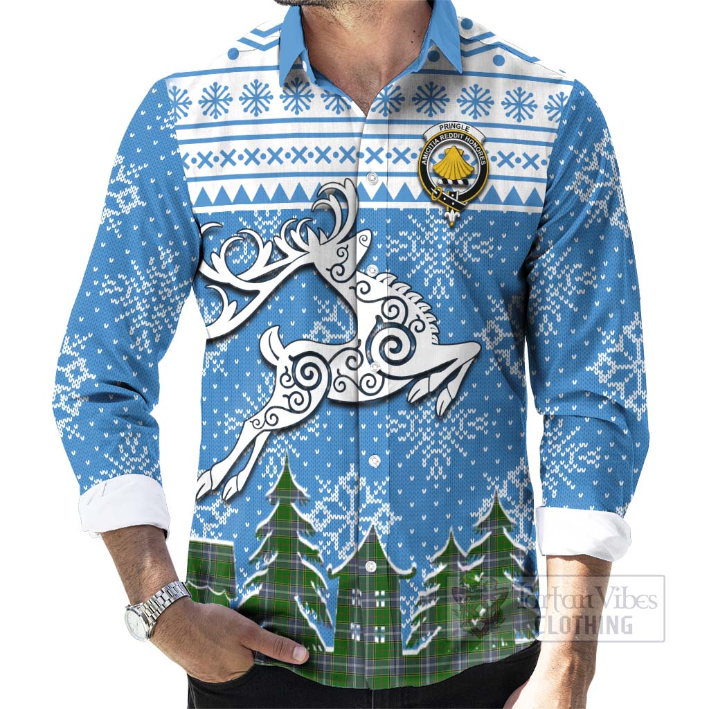 Tartan Vibes Clothing Pringle Clan Christmas Long Sleeve Button Shirt Celtic Reindeer Style