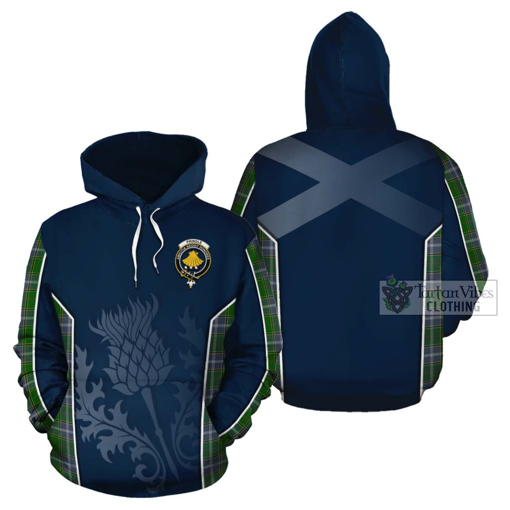 Tartan Vibes Clothing Pringle Tartan Cotton Hoodie with Family Crest and Scottish Thistle Vibes Sport Style