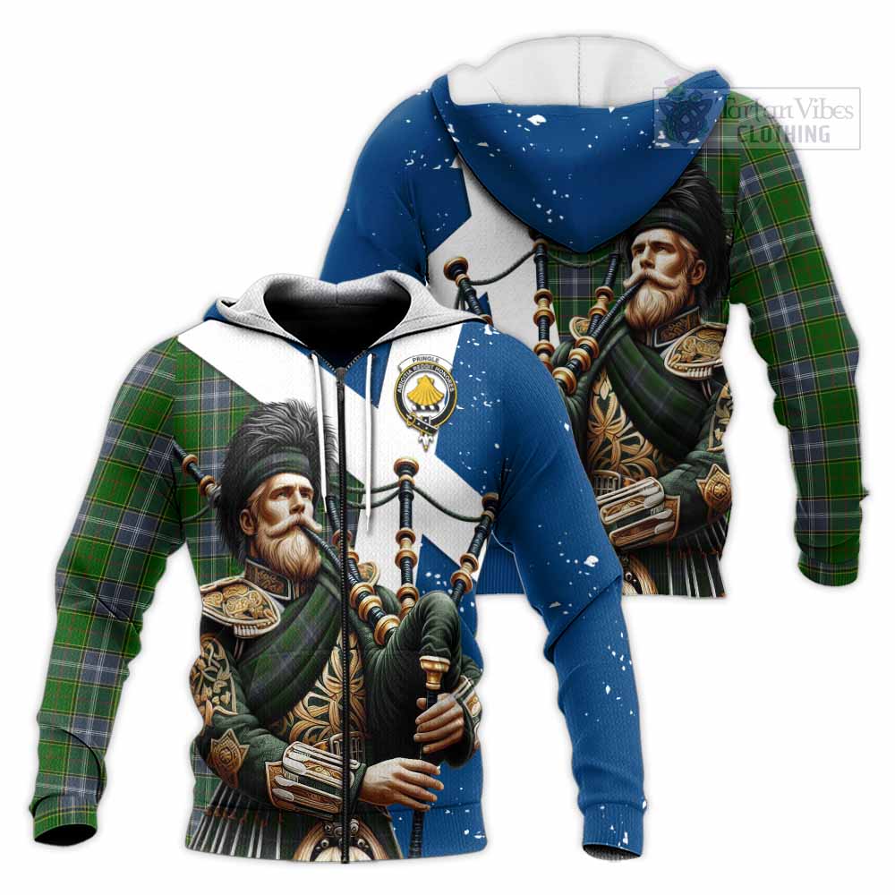 Tartan Vibes Clothing Pringle Tartan Knitted Hoodie with Family Crest Scottish Bagpiper Vibes