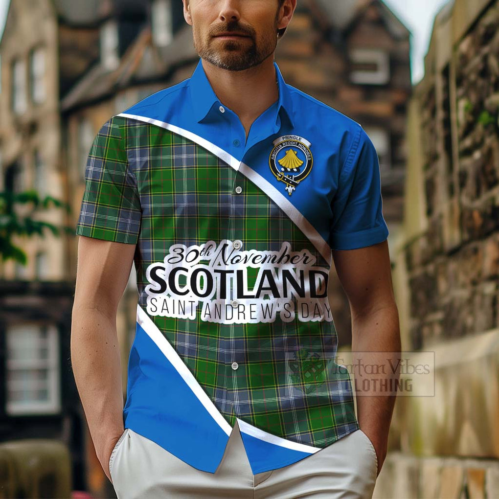 Tartan Vibes Clothing Pringle Family Crest Tartan Short Sleeve Button Shirt Celebrate Saint Andrew's Day in Style