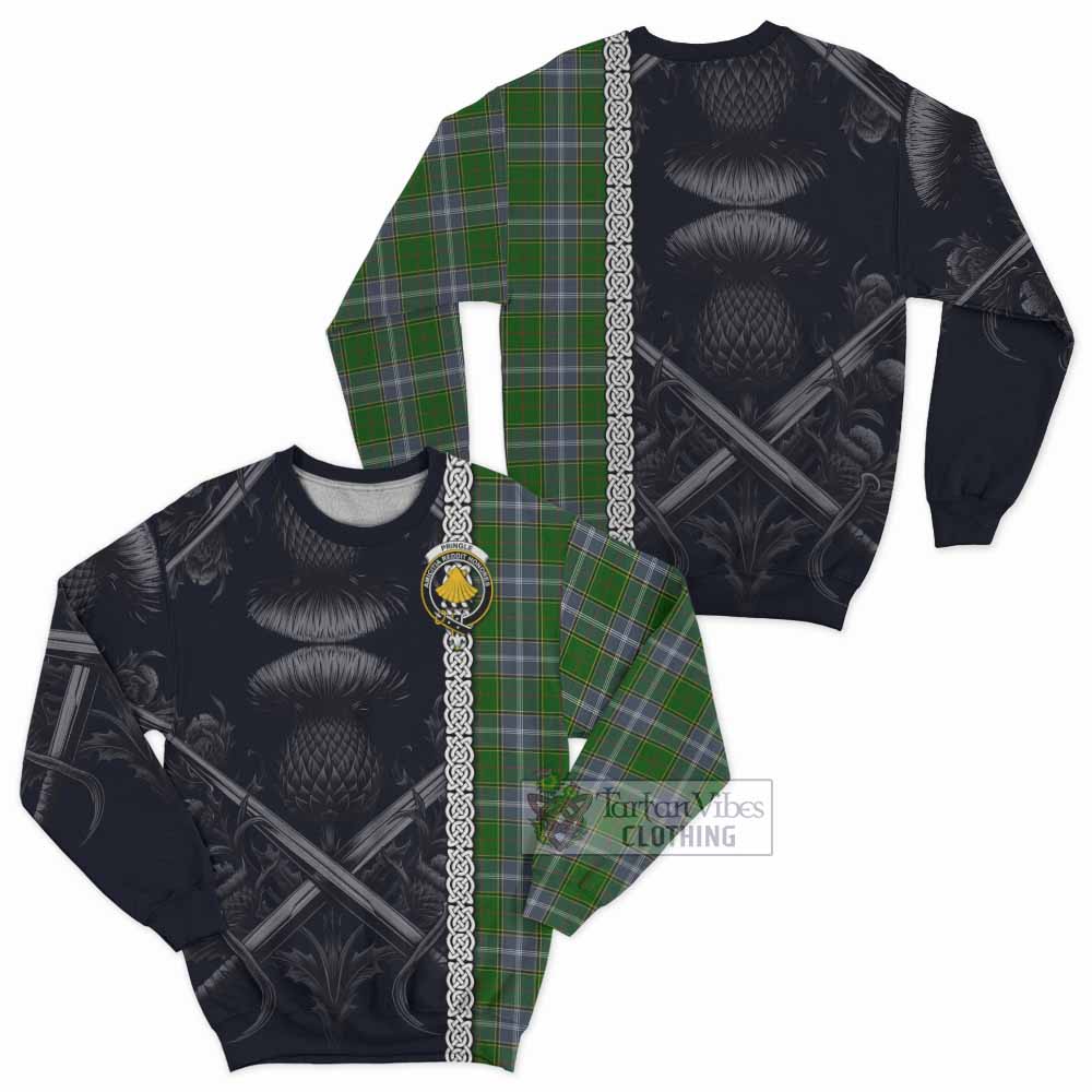 Tartan Vibes Clothing Pringle Tartan Sweatshirt with Family Crest Cross Sword Thistle Celtic Vibes