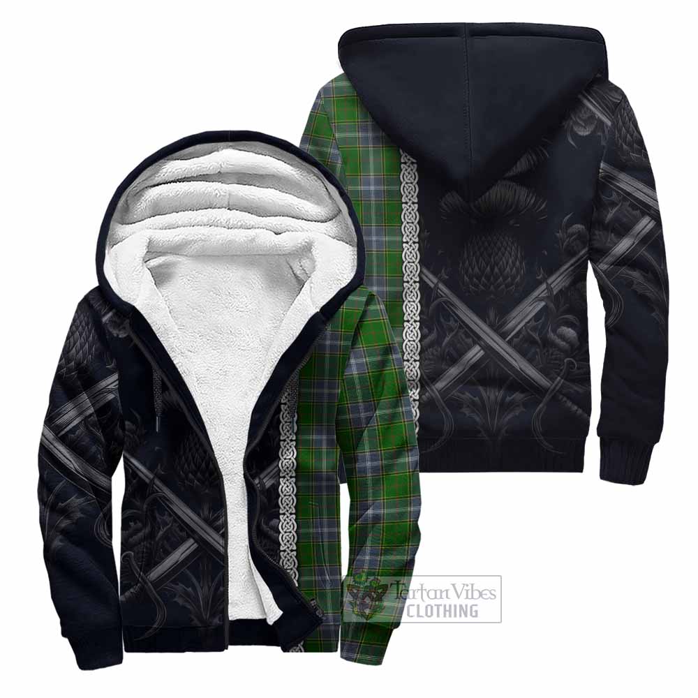 Pringle Tartan Sherpa Hoodie with Family Crest Cross Sword Thistle Celtic Vibes Unisex - Tartan Vibes Clothing