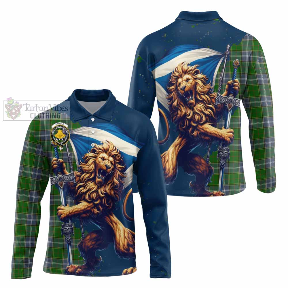 Tartan Vibes Clothing Pringle Tartan Family Crest Long Sleeve Polo Shirt with Scottish Majestic Lion